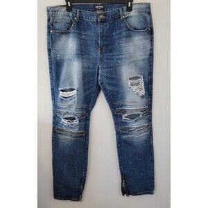 Pink Dolphin Biker Moto Jeans Men's 42 Blue Distressed Destructed Ankle Zipper
